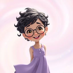 An animated scene featuring a charming girl with short, tight curly hair and round glasses, smiling warmly