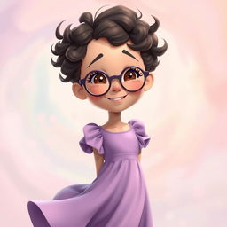 An animated scene featuring a charming girl with short, tight curly hair and round glasses, smiling warmly