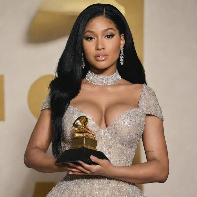 Nicki Minaj in an elegant outfit, looking longingly at a Grammy award with a hopeful expression in a beautifully lit room