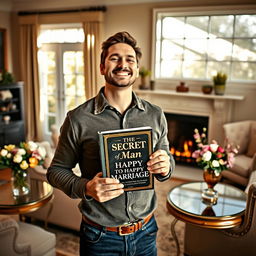 A man holding a secret book titled 'The Secret of Man to a Happy Marriage' with a serene and joyful expression, standing in a beautifully decorated living room featuring elegant furniture and an inviting fireplace