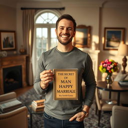 A man holding a secret book titled 'The Secret of Man to a Happy Marriage' with a serene and joyful expression, standing in a beautifully decorated living room featuring elegant furniture and an inviting fireplace