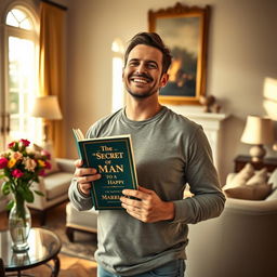 A man holding a secret book titled 'The Secret of Man to a Happy Marriage' with a serene and joyful expression, standing in a beautifully decorated living room featuring elegant furniture and an inviting fireplace