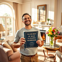 A man holding a secret book titled 'The Secret of Man to a Happy Marriage' with a serene and joyful expression, standing in a beautifully decorated living room featuring elegant furniture and an inviting fireplace