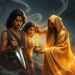 A captivating scene featuring Aryan, Meera, and Kabir positioned slightly off-center to the right