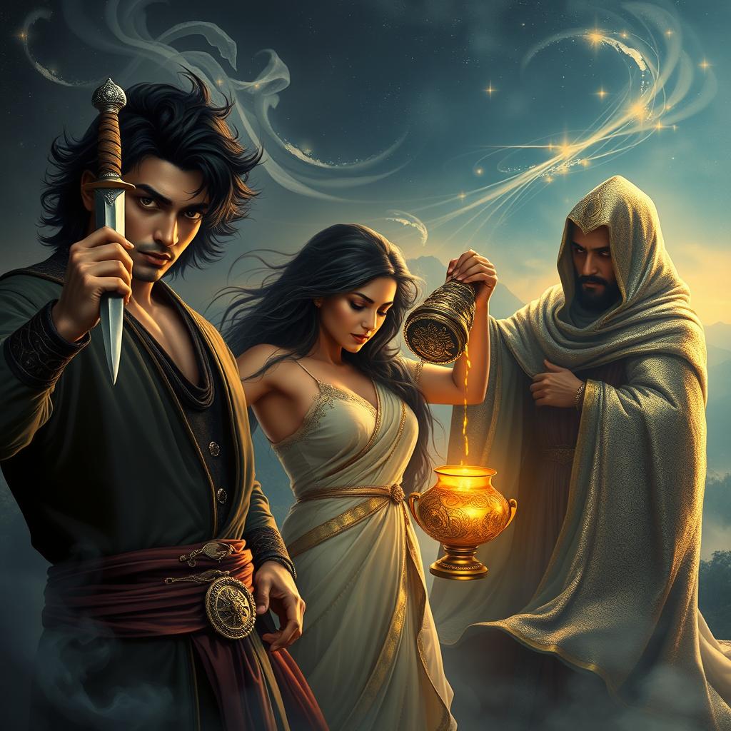 A captivating scene featuring Aryan, Meera, and Kabir positioned slightly off-center to the right