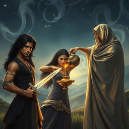 A captivating scene featuring Aryan, Meera, and Kabir positioned slightly off-center to the right