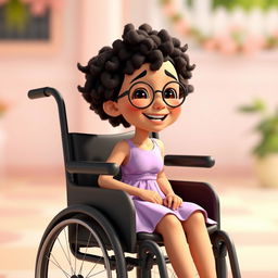 An animated scene featuring a charming girl with short, tight curly hair and round glasses, sitting in a black wheelchair, smiling warmly