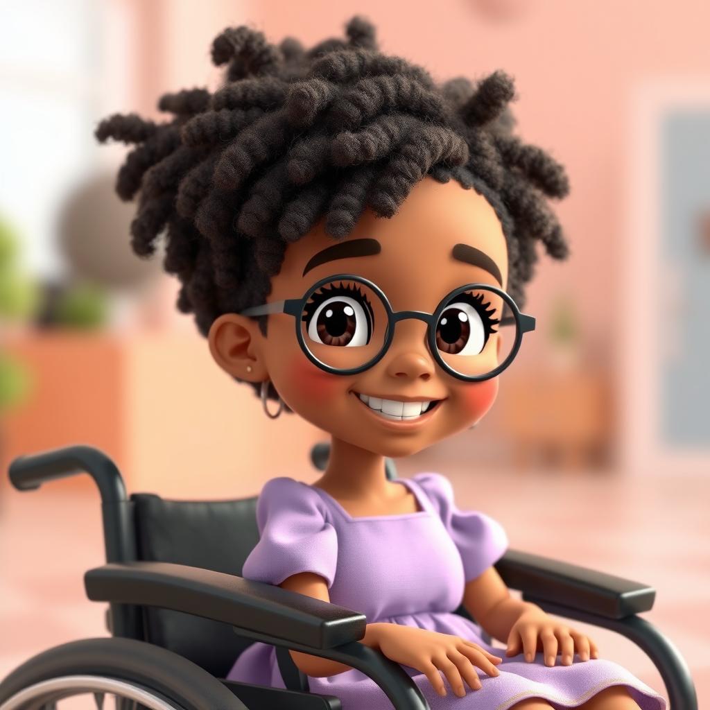 An animated scene featuring a charming girl with short, tight curly hair and round glasses, sitting in a black wheelchair, smiling warmly