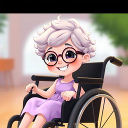 An animated scene featuring a charming girl with short, tight curly hair and round glasses, sitting in a black wheelchair, smiling warmly