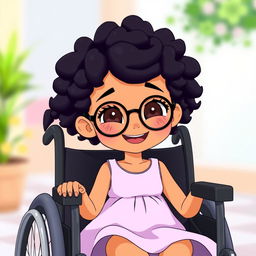 An animated scene featuring a charming girl with short, tight curly hair and round glasses, sitting in a black wheelchair, smiling warmly