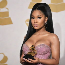 Nicki Minaj in an elegant outfit, looking longingly at a Grammy award with a hopeful expression in a beautifully lit room