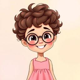 An animated scene featuring a charming girl with short, tight curly brown hair and round glasses, smiling warmly