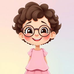 An animated scene featuring a charming girl with short, tight curly brown hair and round glasses, smiling warmly