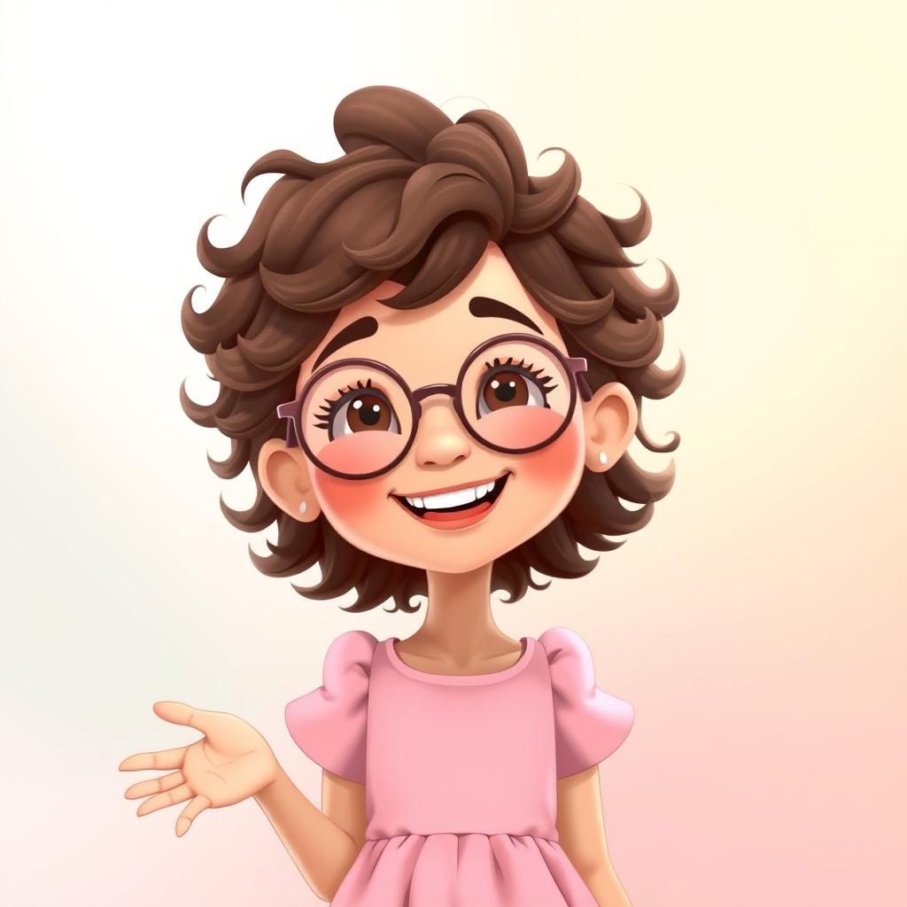 An animated scene featuring a charming girl with short, tight curly brown hair and round glasses, smiling warmly