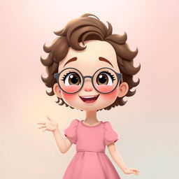 An animated scene featuring a charming girl with short, tight curly brown hair and round glasses, smiling warmly