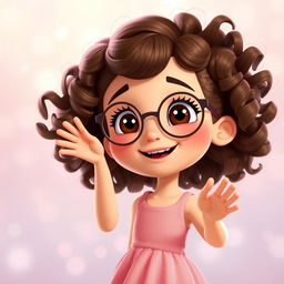 An animated scene featuring a charming girl with tight curly brown hair and round glasses, smiling warmly