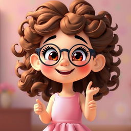 An animated scene featuring a charming girl with tight curly brown hair and round glasses, smiling warmly