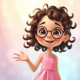 An animated scene featuring a charming girl with tight curly brown hair and round glasses, smiling warmly