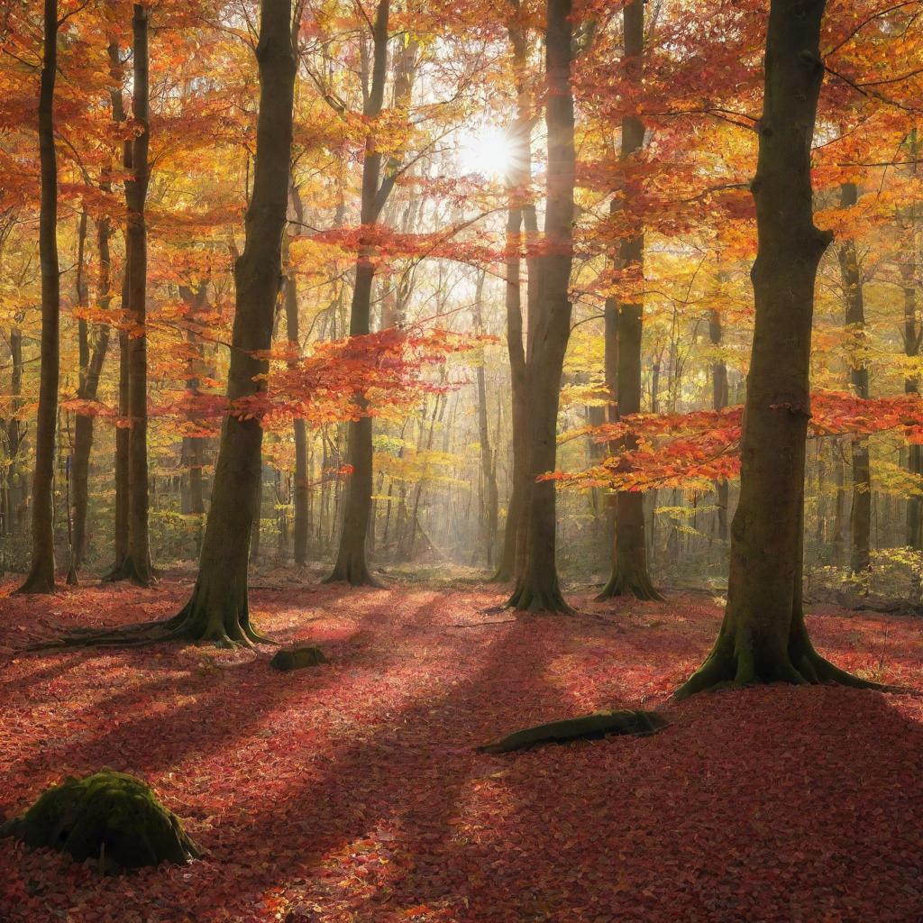 An enchanted forest during autumn, dappled sunlight filtering through orange and red leaves.