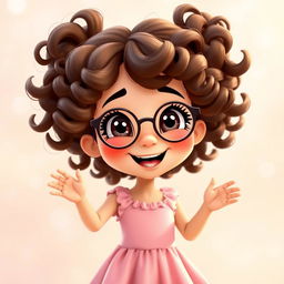 An animated scene featuring a charming girl with tight curly brown hair and round glasses, smiling warmly