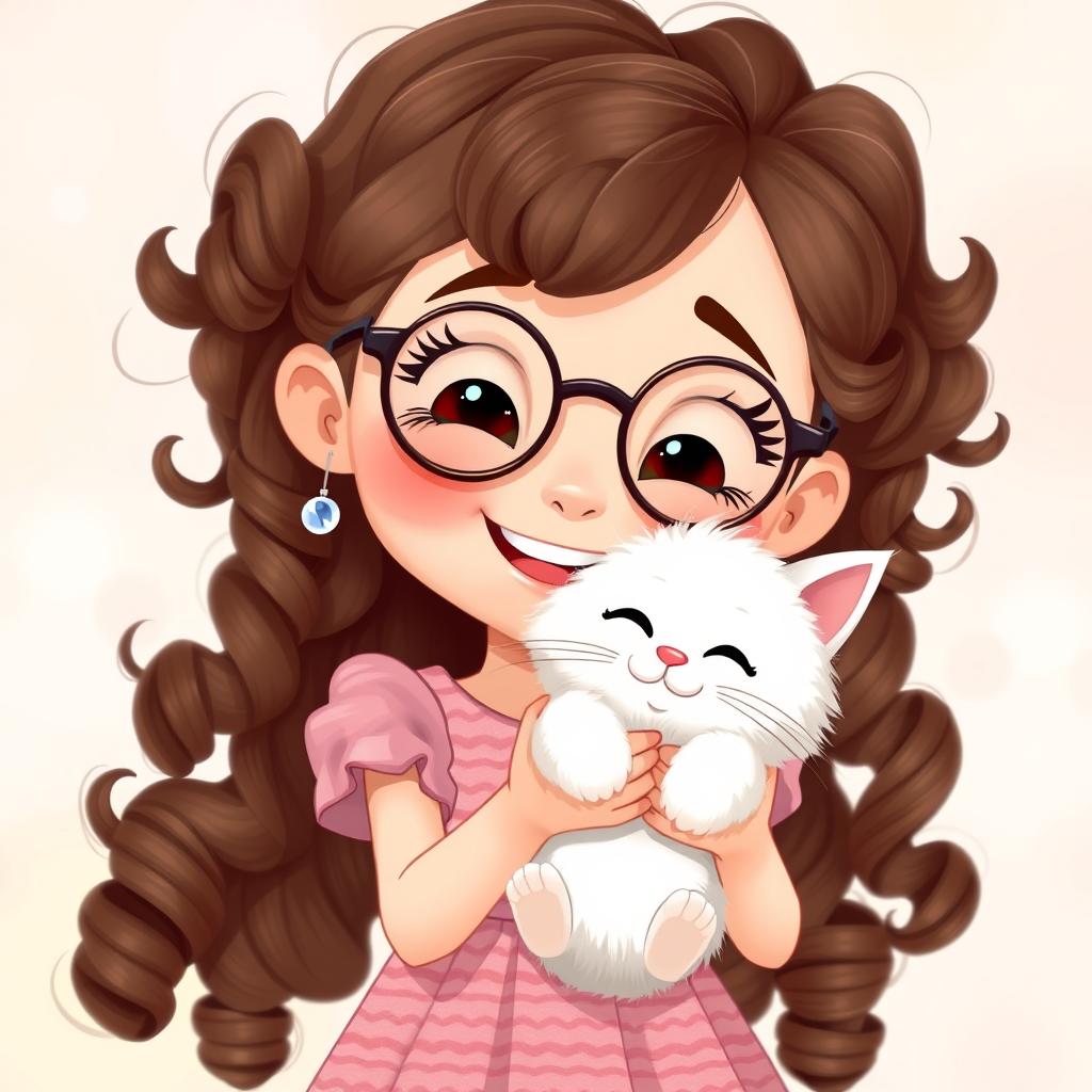 An animated scene featuring a charming girl with tight curly brown hair and round glasses, smiling warmly, holding a fluffy white cat in her hands