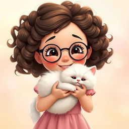 An animated scene featuring a charming girl with tight curly brown hair and round glasses, smiling warmly, holding a fluffy white cat in her hands