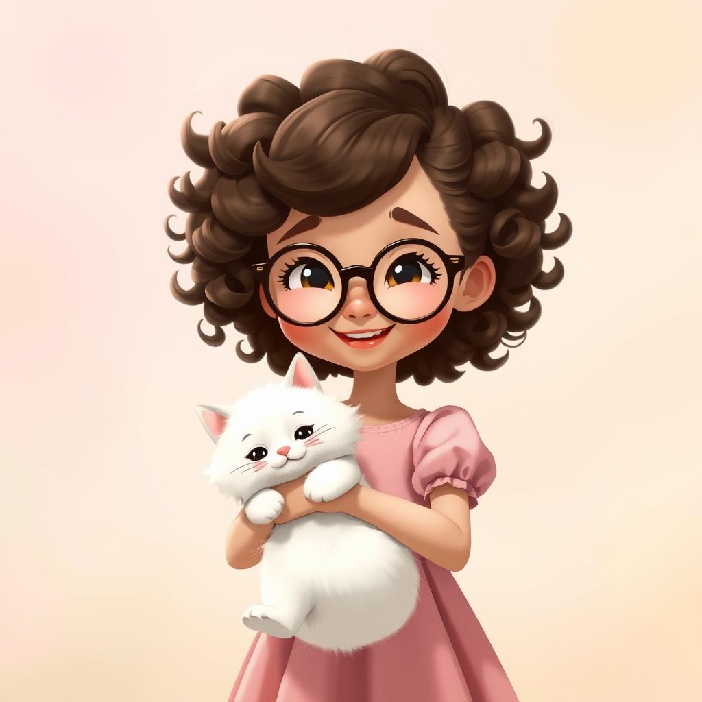 An animated scene featuring a charming girl with tight curly brown hair and round glasses, smiling warmly, holding a fluffy white cat in her hands