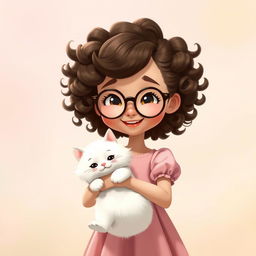 An animated scene featuring a charming girl with tight curly brown hair and round glasses, smiling warmly, holding a fluffy white cat in her hands