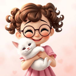 An animated scene featuring a charming girl with tight curly brown hair and round glasses, smiling warmly, holding a fluffy white cat in her hands