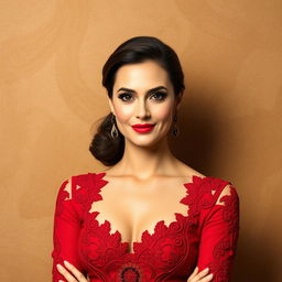 a stylish woman in a red dress with intricate details, standing confidently