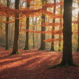 An enchanted forest during autumn, dappled sunlight filtering through orange and red leaves.