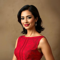 a stylish woman in a red dress with intricate details, standing confidently