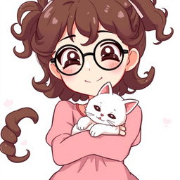 An anime-style character of a smiling girl with round glasses and tight curly brown hair, wearing a baby pink dress