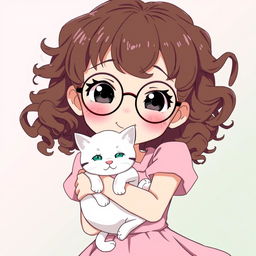 An anime-style character of a smiling girl with round glasses and tight curly brown hair, wearing a baby pink dress