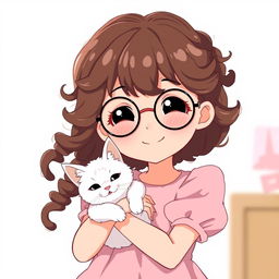 An anime-style character of a smiling girl with round glasses and tight curly brown hair, wearing a baby pink dress