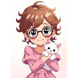 An anime-style character of a smiling girl with round glasses and tight curly brown hair, wearing a baby pink dress