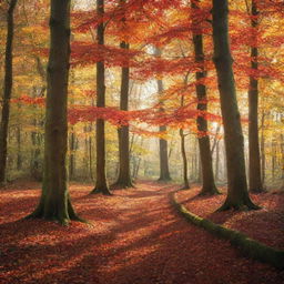 An enchanted forest during autumn, dappled sunlight filtering through orange and red leaves.