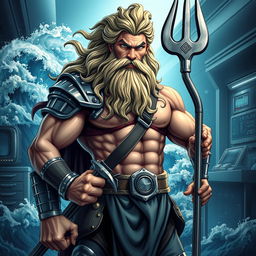 A majestic and powerful depiction of Poseidon, the Greek god of the sea, reimagined as a mechanic