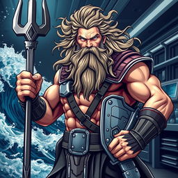 A majestic and powerful depiction of Poseidon, the Greek god of the sea, reimagined as a mechanic