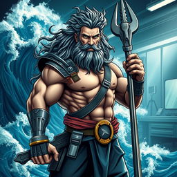 A majestic and powerful depiction of Poseidon, the Greek god of the sea, reimagined as a mechanic