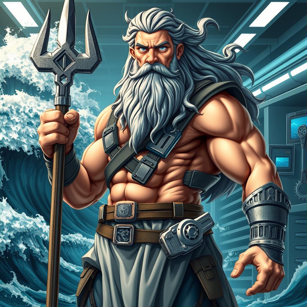 A majestic and powerful depiction of Poseidon, the Greek god of the sea, reimagined as a mechanic