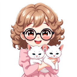 An anime-style character of a smiling white girl with round black glasses and tight curly brown hair, wearing a baby pink dress