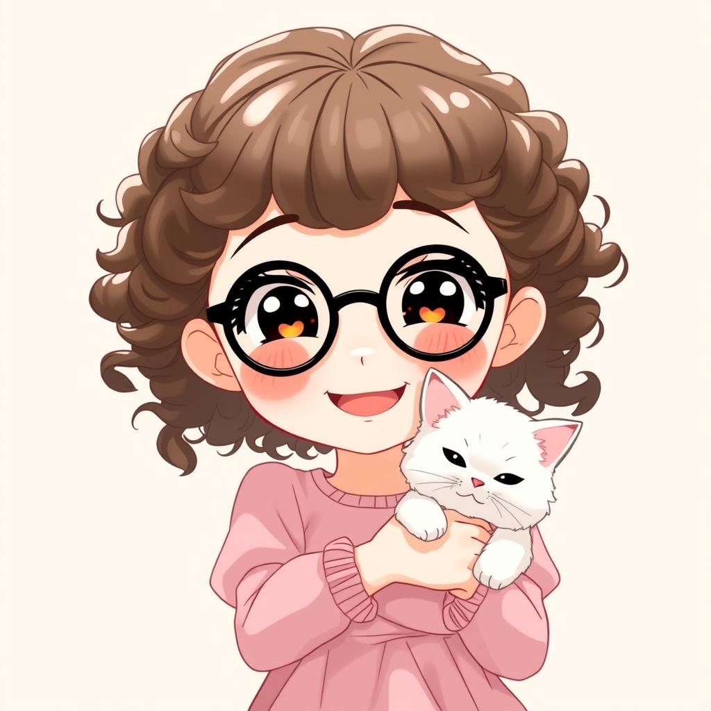 An anime-style character of a smiling white girl with round black glasses and tight curly brown hair, wearing a baby pink dress