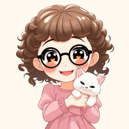 An anime-style character of a smiling white girl with round black glasses and tight curly brown hair, wearing a baby pink dress