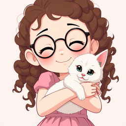 An anime-style character of a smiling white girl with round black glasses and tight curly brown hair, wearing a baby pink dress