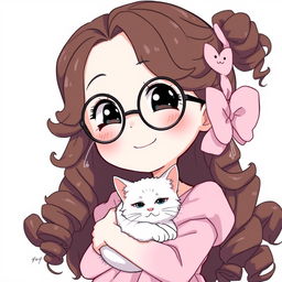 An anime-style character of a smiling white girl with round black glasses and tight curly brown hair, wearing a baby pink dress