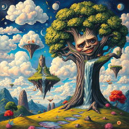 A pop surrealistic painting of a whimsical landscape with floating islands, vibrant colors, and fantastical creatures