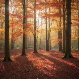 An enchanted forest during autumn, dappled sunlight filtering through orange and red leaves.