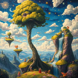 A pop surrealistic painting of a whimsical landscape with floating islands, vibrant colors, and fantastical creatures