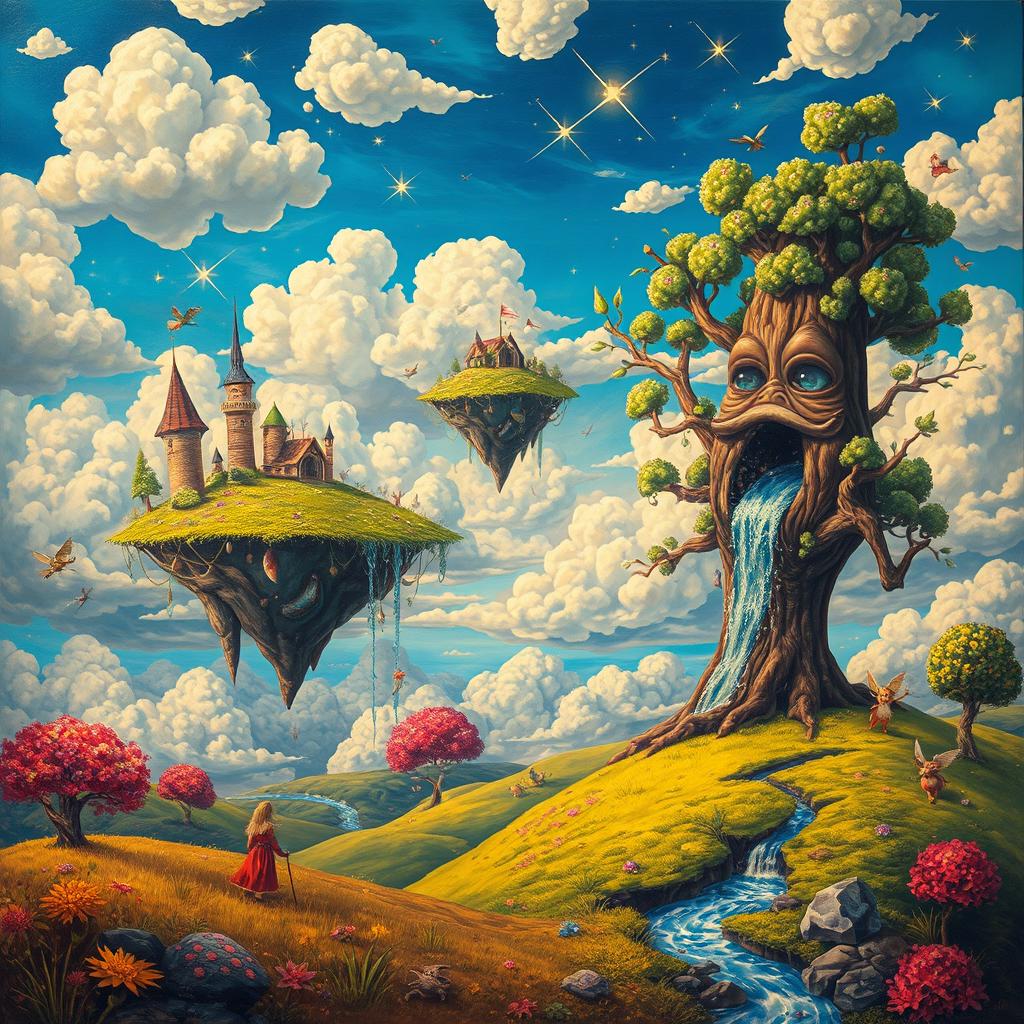 A pop surrealistic painting of a whimsical landscape with floating islands, vibrant colors, and fantastical creatures